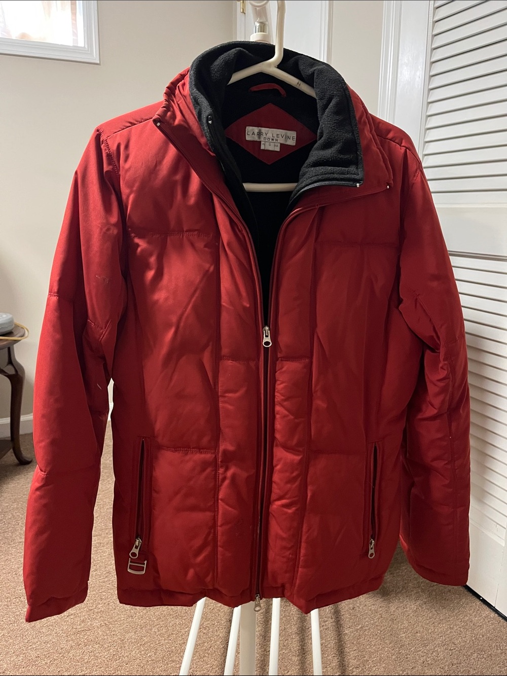 Larry Levine Men’s Red Quilted Puffer Jacket with Black Collar